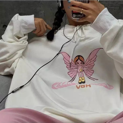 Butterfly Embroidery Hoodie Sweater Sweatshirt Long Sleeve Shirt Pullover Jumper Causal E-Girl Kawaii Korean Japanese Harajuku Streetwear