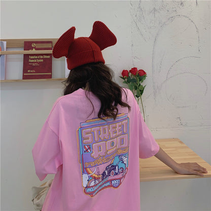 Pastel Retro 90s Vintage Cartoon Print Three Quarter Short Sleeve Tee Shirt T-shirt Top Causal E-Girl Kawaii Korean Japanese Harajuku Streetwear
