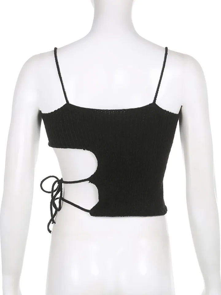 Black Knit Tie Up Backless Crop Top