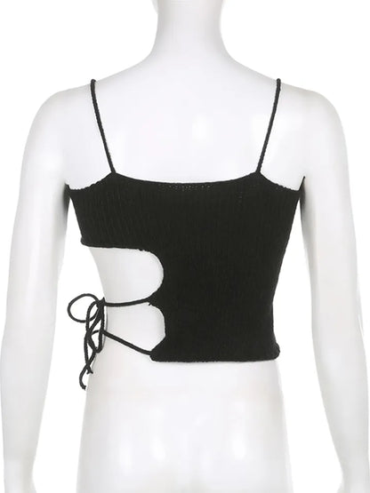 Black Knit Tie Up Backless Crop Top