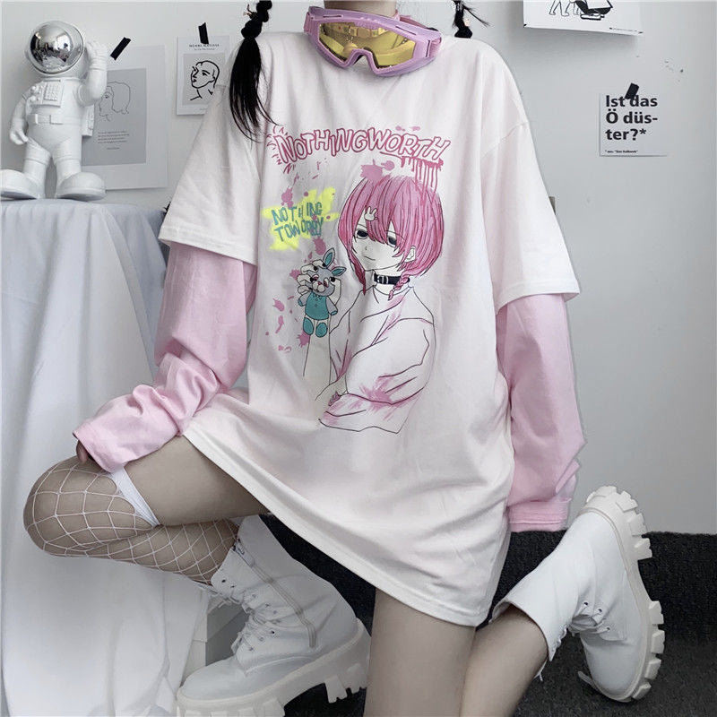 Goth Anime Girl Cartoon Print Loose Casual Sweatshirt Sweater Long Sleeve Shirt Pullover Jumper E-Girl Kawaii Korean Japanese Harajuku Streetwear