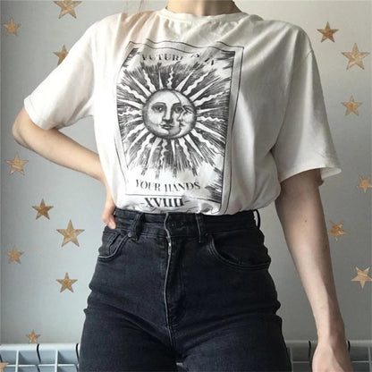 Cute Tarot Card Sun Moon Print Short Sleeve Shirt T-shirt Tee Top Kawaii Korean Japanese Harajuku Chinese Retro Streetwear Aesthetic Fashion
