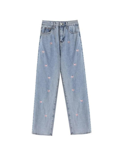 Pink Heart Embroidery Denim Jeans