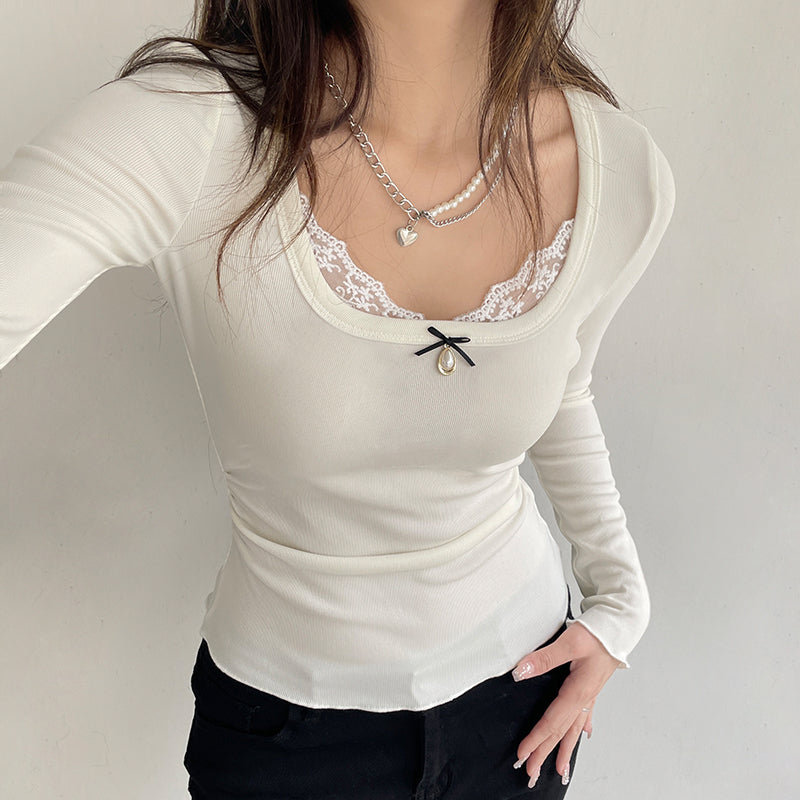 White Lace Bow Long Sleeve Crop Top