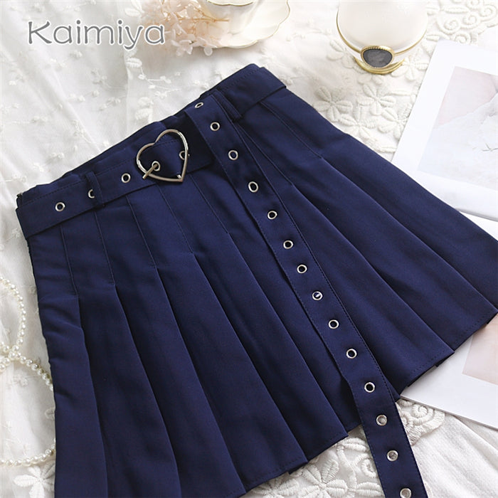 Cute Preppy Summer Pleated Heart Shape Belt High Waist Mini Skirt Bottom E-Girl Kawaii Korean Japanese Harajuku Chinese Retro Streetwear Aesthetic