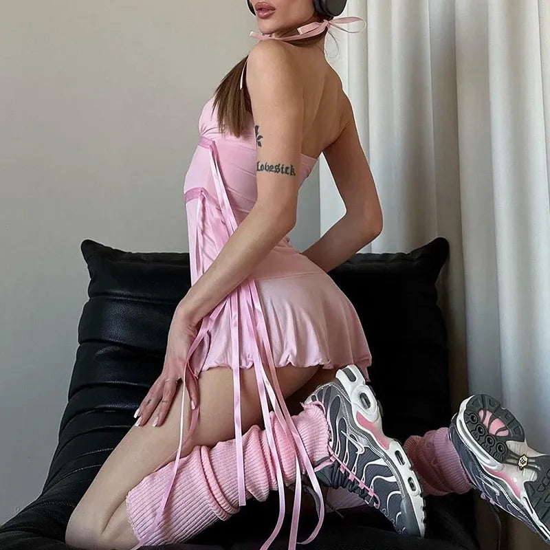 Pink Ribbon Ruffle Strapless Dress