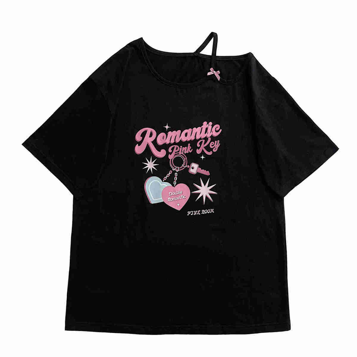 Sweet Pink Print Off Shoulder Short Sleeve T-shirt