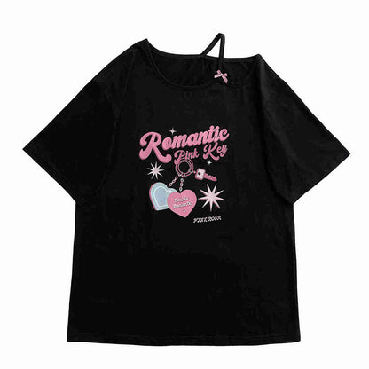 Sweet Pink Print Off Shoulder Short Sleeve T-shirt