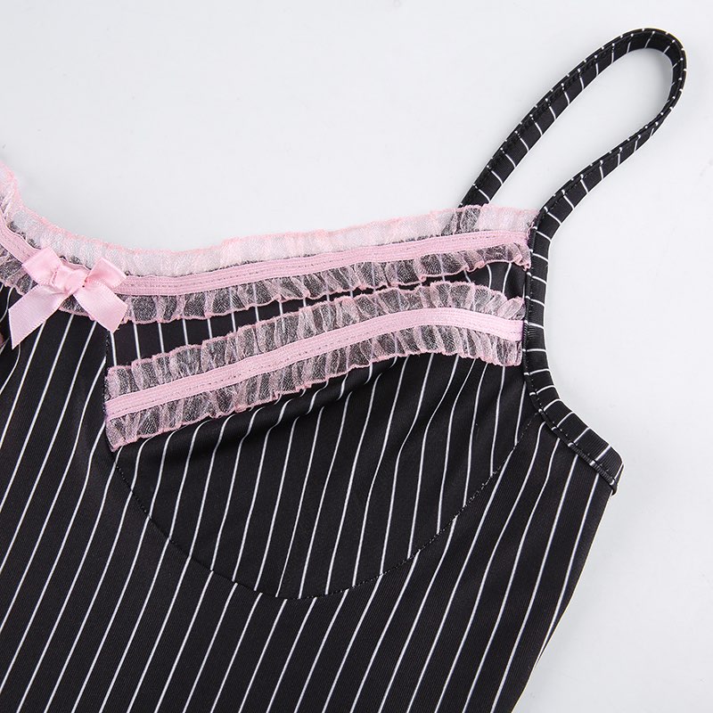 Cute Sexy 90s Black Pink Lace Trim Striped V Neck Mini Dress Dark Academia Aesthetic Goth E-Girl Kawaii Korean Japanese Harajuku Streetwear