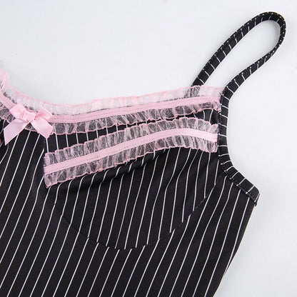Cute Sexy 90s Black Pink Lace Trim Striped V Neck Mini Dress Dark Academia Aesthetic Goth E-Girl Kawaii Korean Japanese Harajuku Streetwear