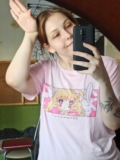 Cute Pink Anime Girl Cartoon Graphic Casual Short Sleeve Shirt Tee T-shirt E-Girl Kawaii Korean Japanese Harajuku Chinese Retro Streetwear Aesthetic