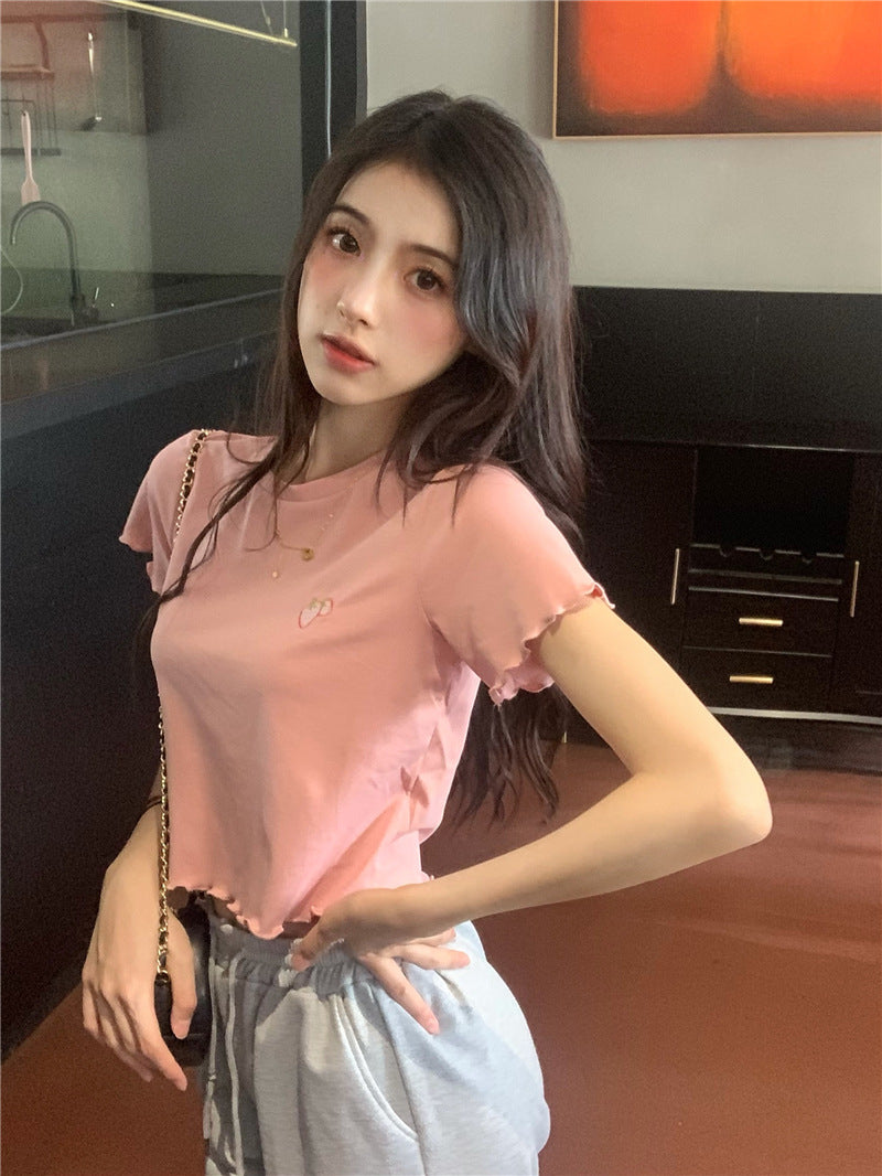 Strawberry Embroidery Ruffle Short Sleeve Shirt
