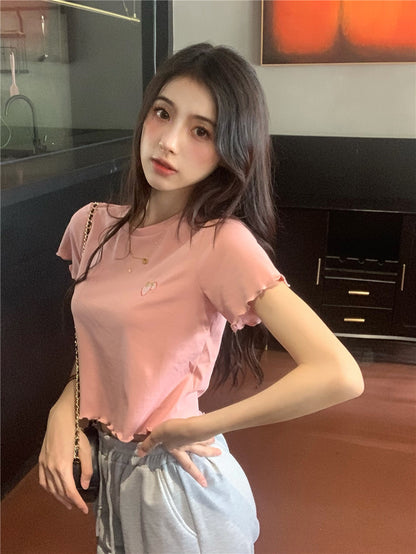 Strawberry Embroidery Ruffle Short Sleeve Shirt