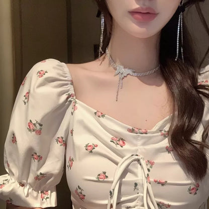 Sweet Floral Bow Pleated Puff Sleeve Blouse Aesthetic Casual E-Girl Kawaii Korean Japanese Harajuku