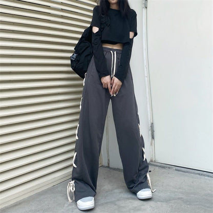 Black Side Bow Bandage High Waist Trousers