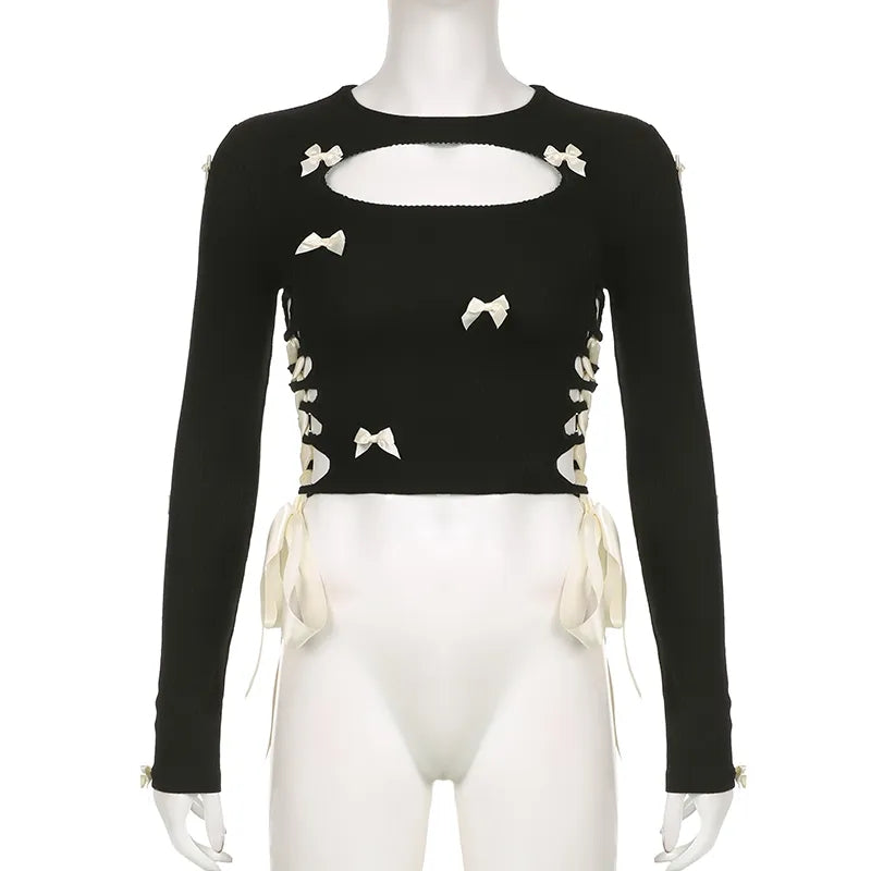 Black Bow Ribbon Hollow Out Knit Long Sleeve Shirt