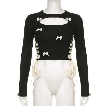 Black Bow Ribbon Hollow Out Knit Long Sleeve Shirt