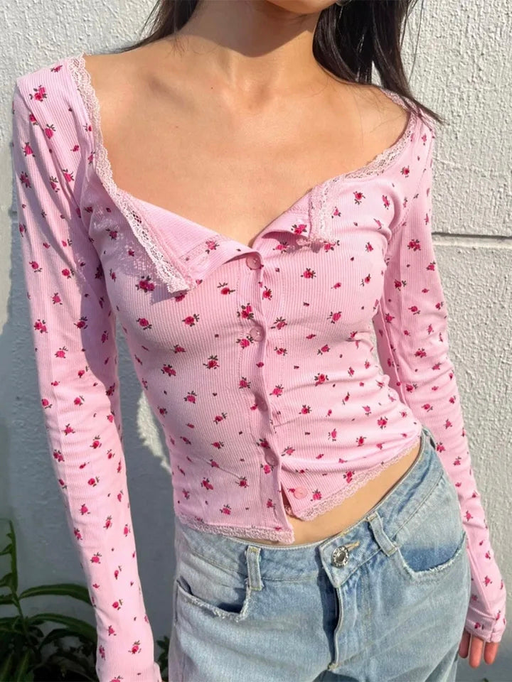 Pink Flower Lace Long Sleeve Shirt