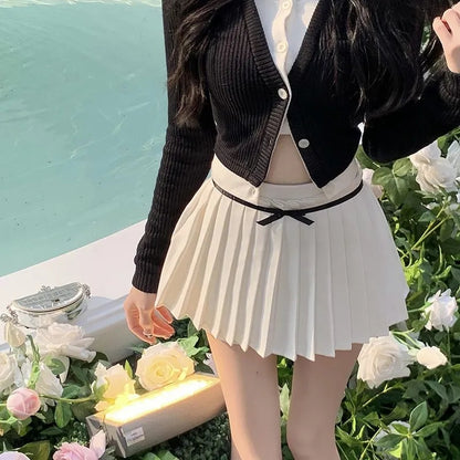 Preppy Pleated Bow Patchwork Mini Skirt