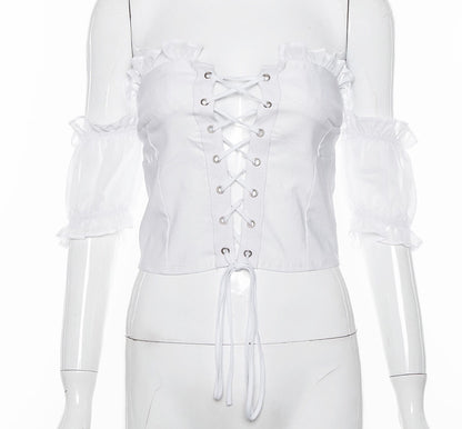 Cute Sexy Lace Up Ruffle Crop Top Short Sleeve Shirt T-shirt Tee Top Kawaii Korean Japanese Harajuku Chinese Retro Streetwear Aesthetic Fashion