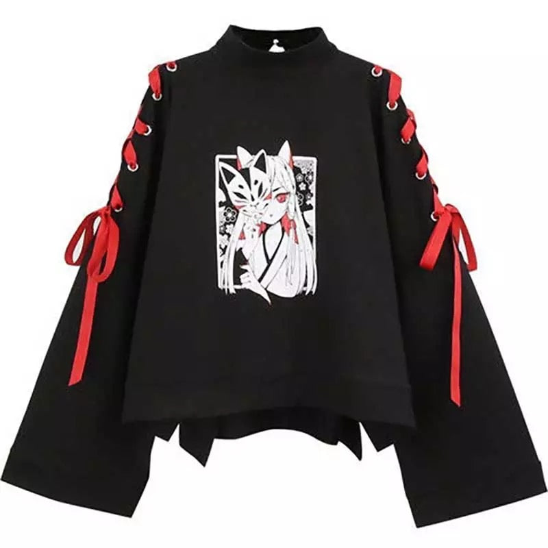 Cute Vintage Anime Fox Print Lace Up Long Sleeve Shirt Hoodie Sweatshirt Top Punk Goth E-Girl Kawaii Korean Japanese Harajuku Streetwear