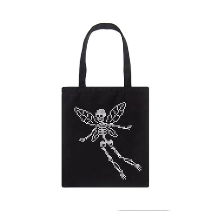 Cute Skeleton Skull Butterfly Wing Print Shoulder Bag Canvas Eco Tote Aesthetic Casual Summer E-Girl Kawaii Korean Japanese Harajuku