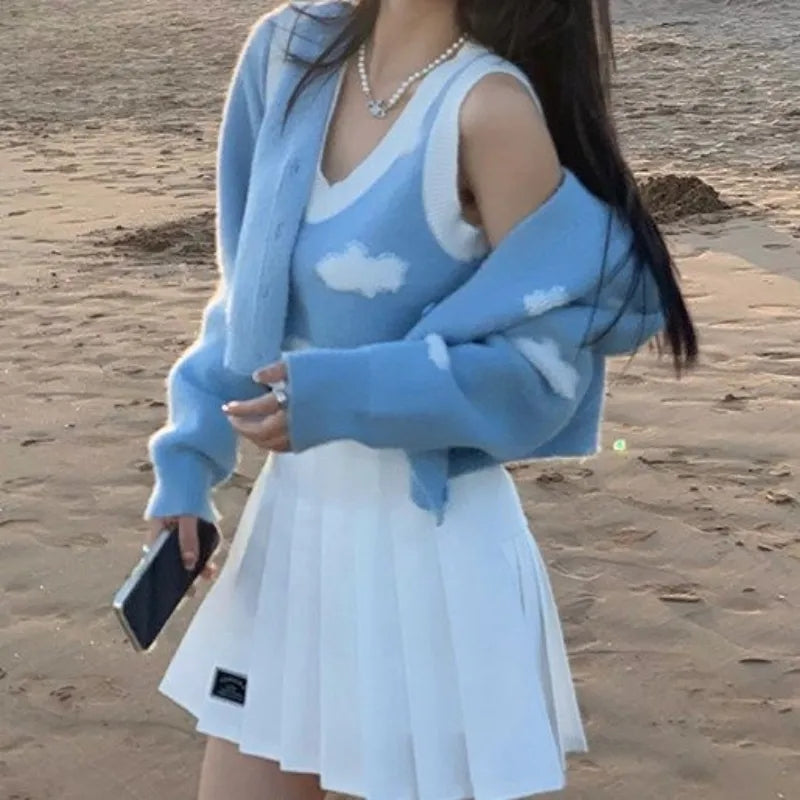 2PCS Blue Sky Cloud Vest + Knit Cardigan