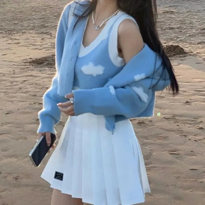 2PCS Blue Sky Cloud Vest + Knit Cardigan