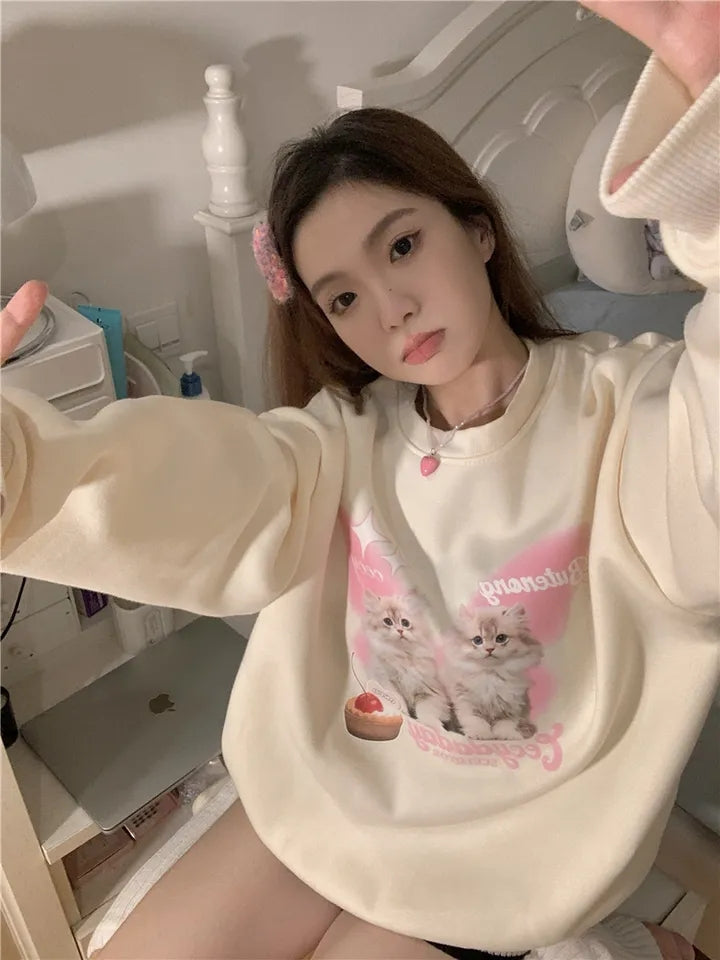 Cat Print Long Sleeve Sweatshirt