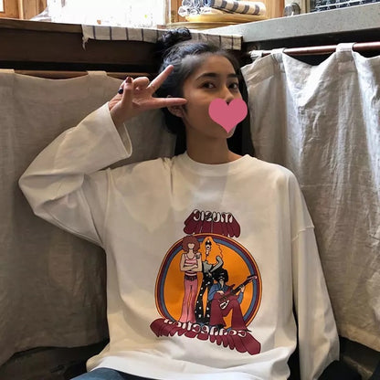 Cute White Music Band Cartoon Print Oversize Loose Long Sleeve Shirt Top T-shirt O Neck Casual E-Girl Kawaii Korean Japanese Harajuku Streetwear
