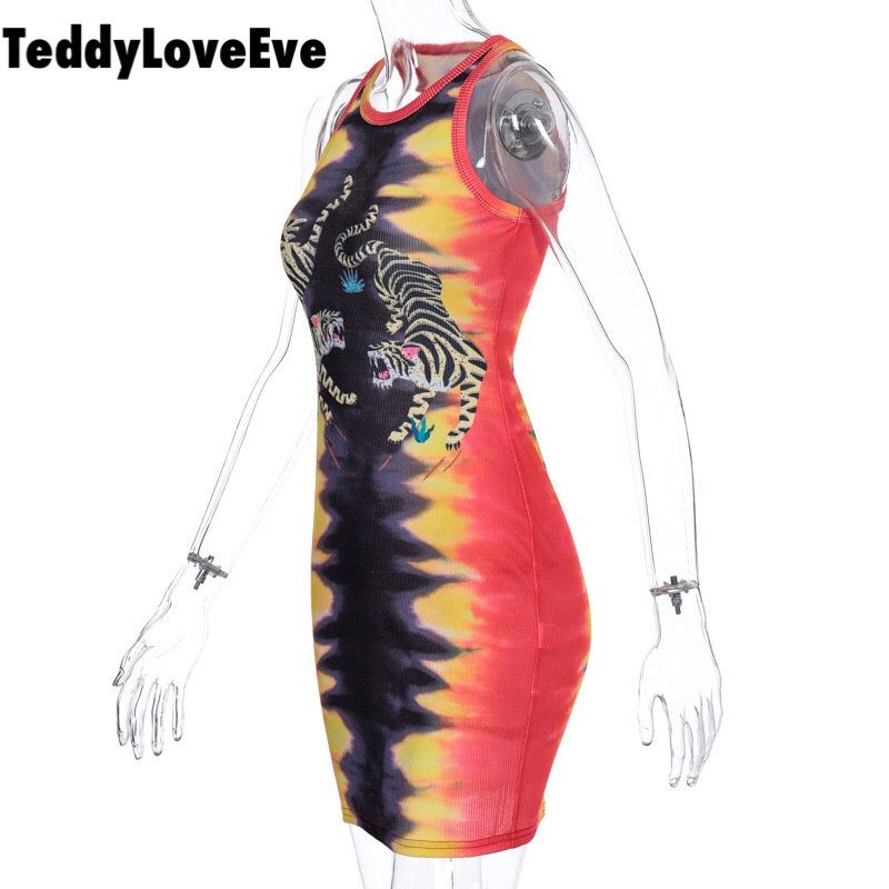 Cute Sexy Tiger Punk Tie Dye Graphic Ribbed Sleeveless Bodycon Dress E-Girl Kawaii Korean Japanese Harajuku Chinese Retro Streetwear Aesthetic