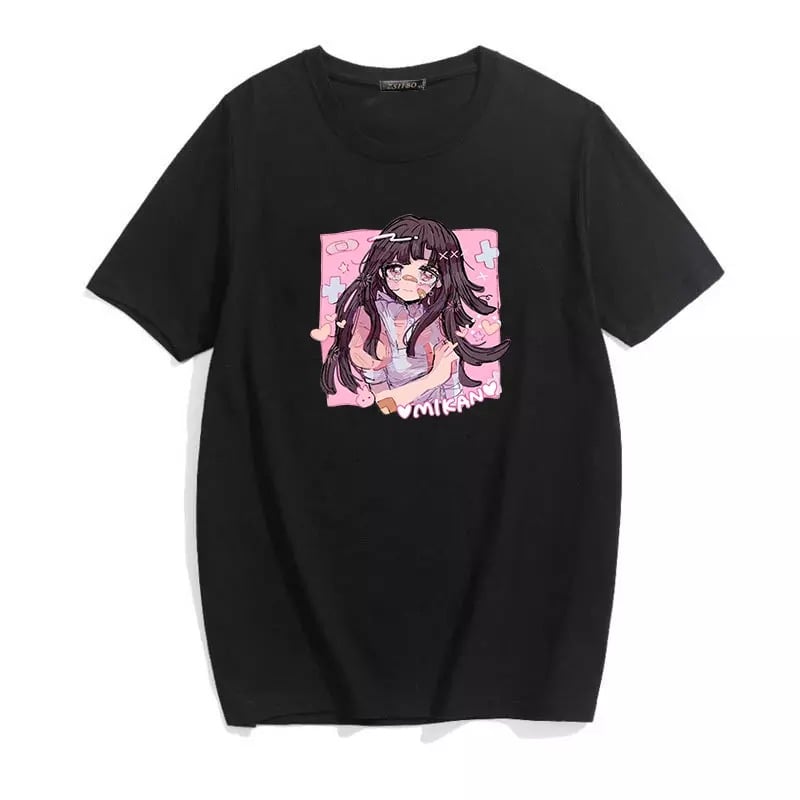Cute Sweet Vintage Black Anime Girl Cartoon Print Short Sleeve Shirt Oversize Loose T-shirt Top Goth E-Girl Kawaii Korean Japanese Harajuku Streetwear