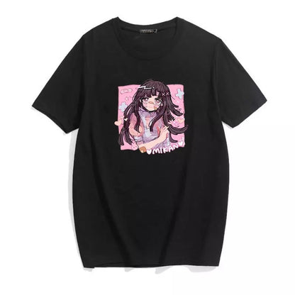 Cute Sweet Vintage Black Anime Girl Cartoon Print Short Sleeve Shirt Oversize Loose T-shirt Top Goth E-Girl Kawaii Korean Japanese Harajuku Streetwear