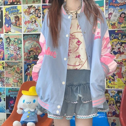 Blue & Pink Rabbit Patchwork Varsity Jacket