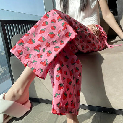 Pink Strawberry Print High Waist Trousers