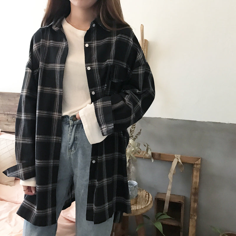 Cute Casual Plaid Flannel Loose Oversized Long Sleeve Shirt Top Boyfriend Baggy E-Girl Kawaii Korean Japanese Harajuku Retro Streetwear