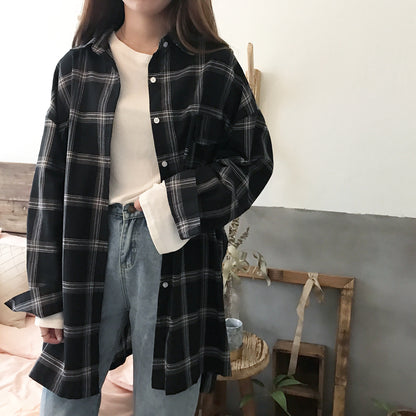 Cute Casual Plaid Flannel Loose Oversized Long Sleeve Shirt Top Boyfriend Baggy E-Girl Kawaii Korean Japanese Harajuku Retro Streetwear