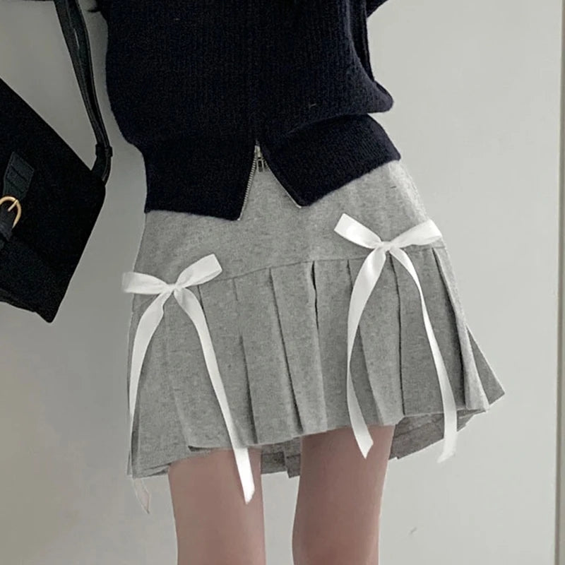 Grey Bow Double Layer Mini Skirt