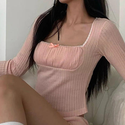 2PCS Pink Knit Crop Top + Ruffle Shorts