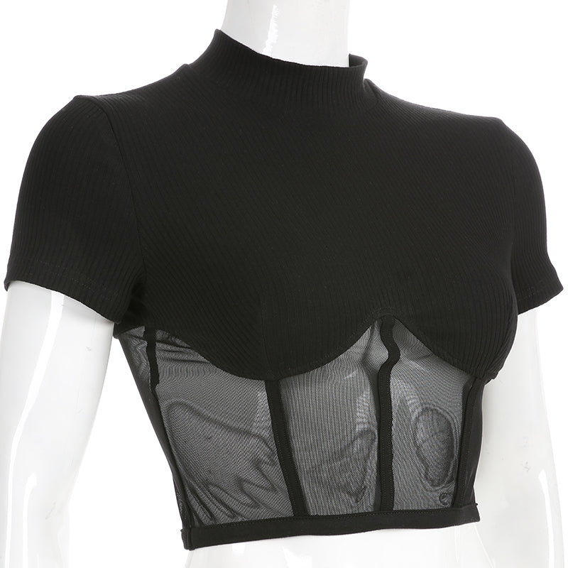 Cute Sexy Patchwork Black Mesh Crop Top Short Sleeve Shirt Tee T-shirt E-Girl Kawaii Korean Japanese Harajuku Chinese Retro Streetwear Aesthetic