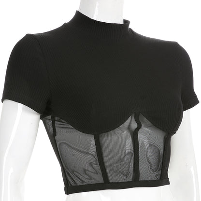Cute Sexy Patchwork Black Mesh Crop Top Short Sleeve Shirt Tee T-shirt E-Girl Kawaii Korean Japanese Harajuku Chinese Retro Streetwear Aesthetic