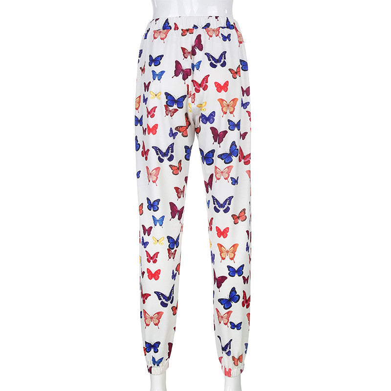 Cute Butterfly Rainbow Print Loose Baggy High Waisted Trousers Joggers Pants Sweats Bottom E-Girl Kawaii Korean Japanese Harajuku Retro Streetwear