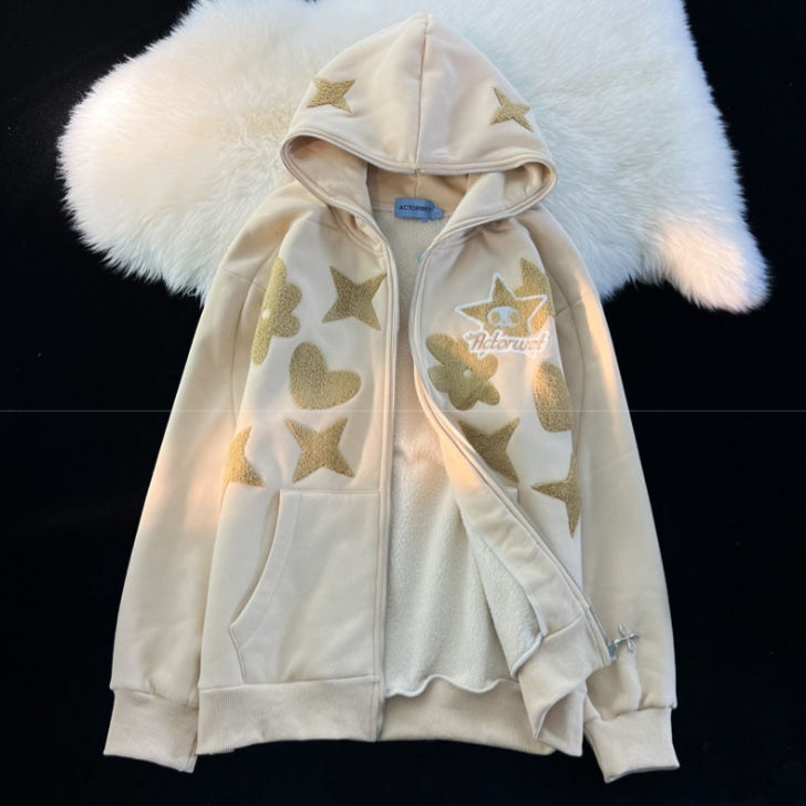 Star Print Zip Up Hoodie