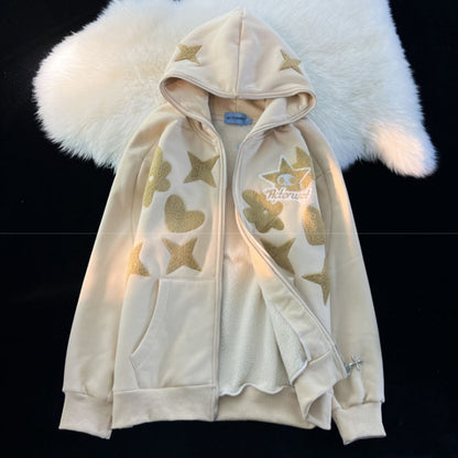 Star Print Zip Up Hoodie