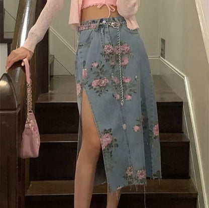 Cute Vintage Flowers Print Maxi Denim Skirt High Waist Open Split Straight Summer Aesthetic Casual E-Girl Kawaii Korean Japanese Harajuku