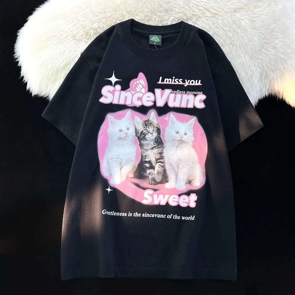 Retro Cat Print Short Sleeve T-shirt