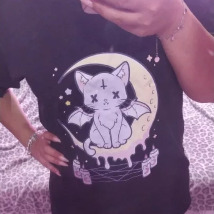 Cute Pastel Black Cat Witch Magic Moon Print Short Sleeve T-shirt Goth Punk Aesthetic Casual E-Girl Kawaii Korean Japanese Harajuku