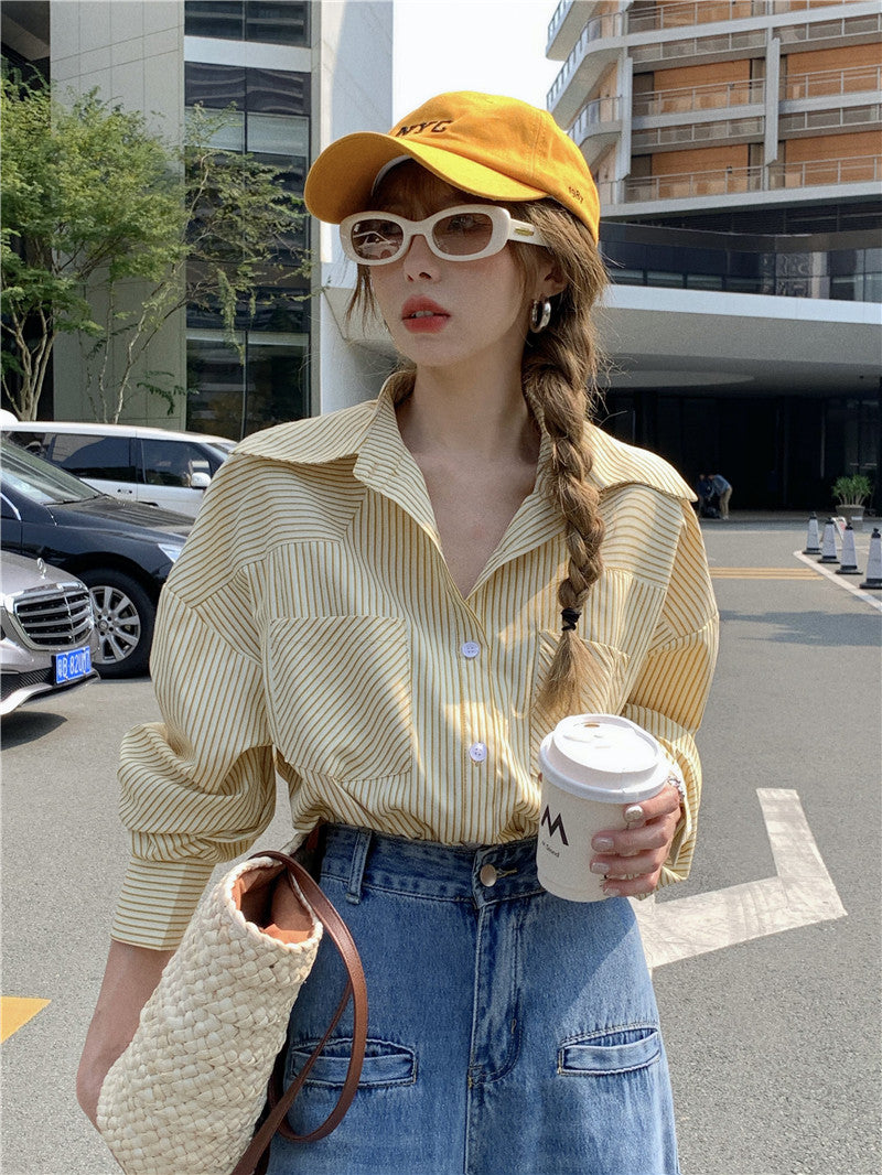 Yellow Stripe Loose Long Sleeve Shirt