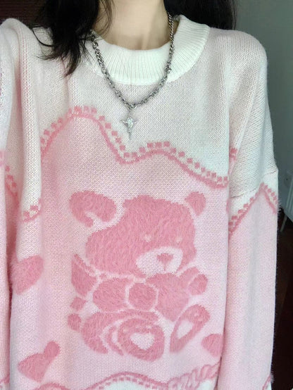 Pink Teddy Bear Print Sweater