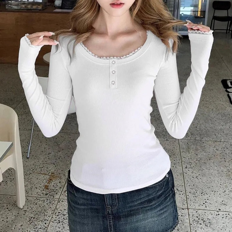 Pink Lace Trim Long Sleeve Shirt